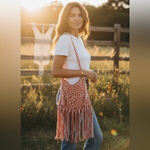 NWT RAJ LA Macramé Fringe Crossbody – Red & Cream Boho Bag